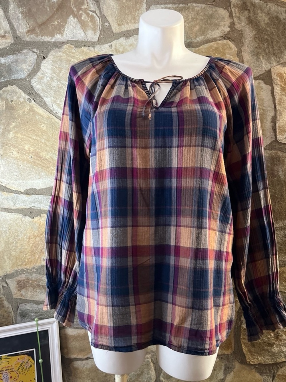 CHAPS Plaid Cotton Peasant Blouse Size Large